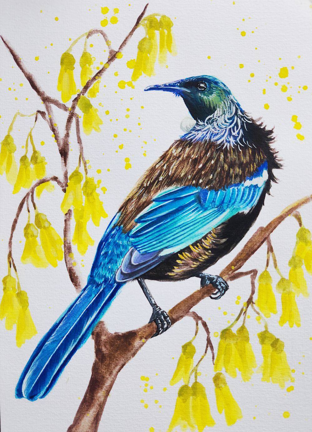 Gouache A5 Print - Tui and Kowhai