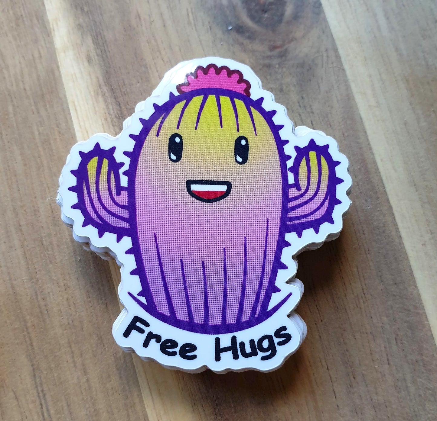 Cactus Sticker - "Free Hugs" - purple and yellow