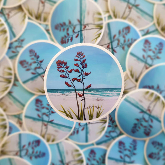Round Landscape sticker - Harakeke at the beach