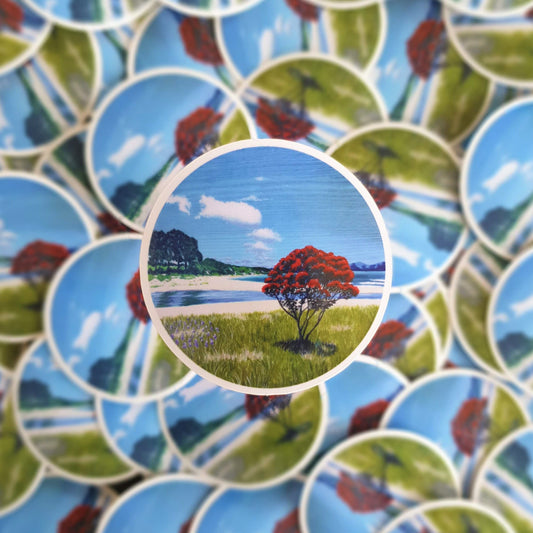 Round Landscape sticker - Pohutukawa Beach