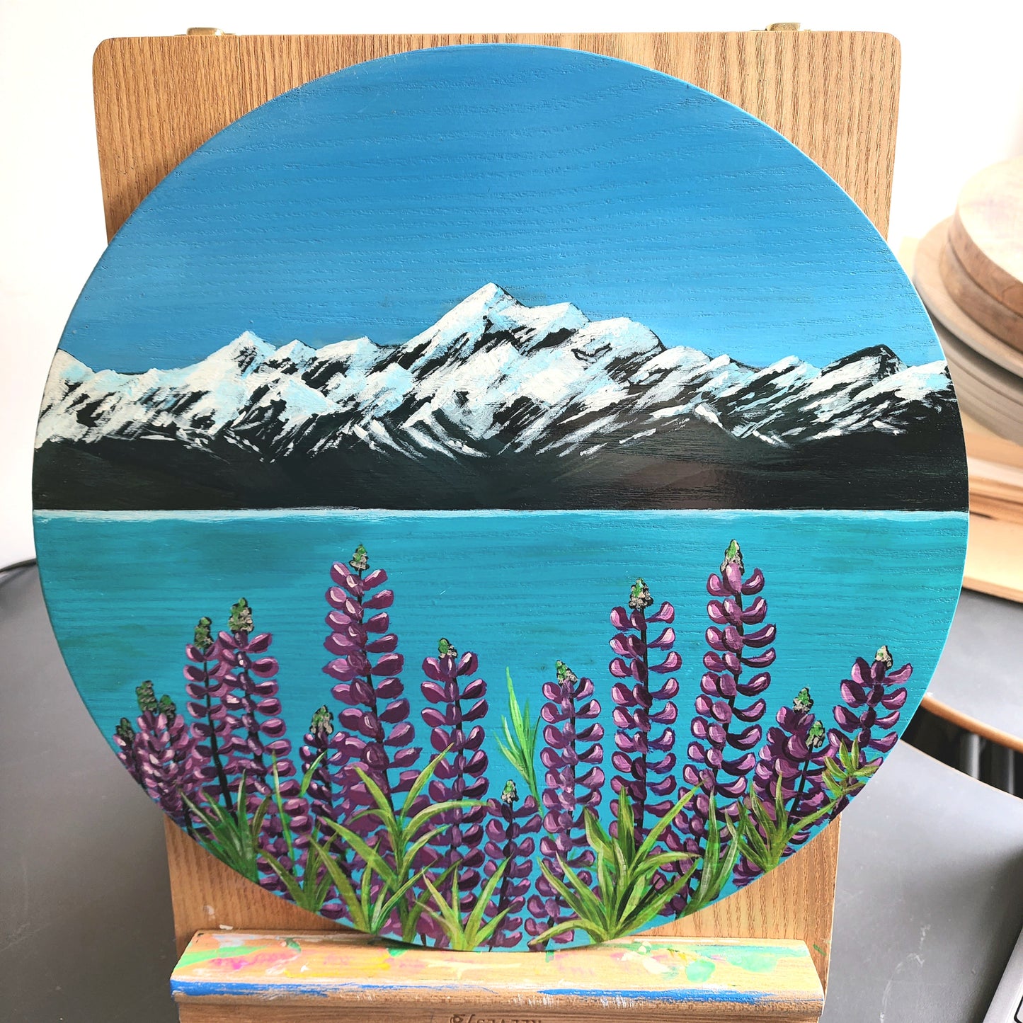 Lupins at Lake Tekapo - Wooden board painting