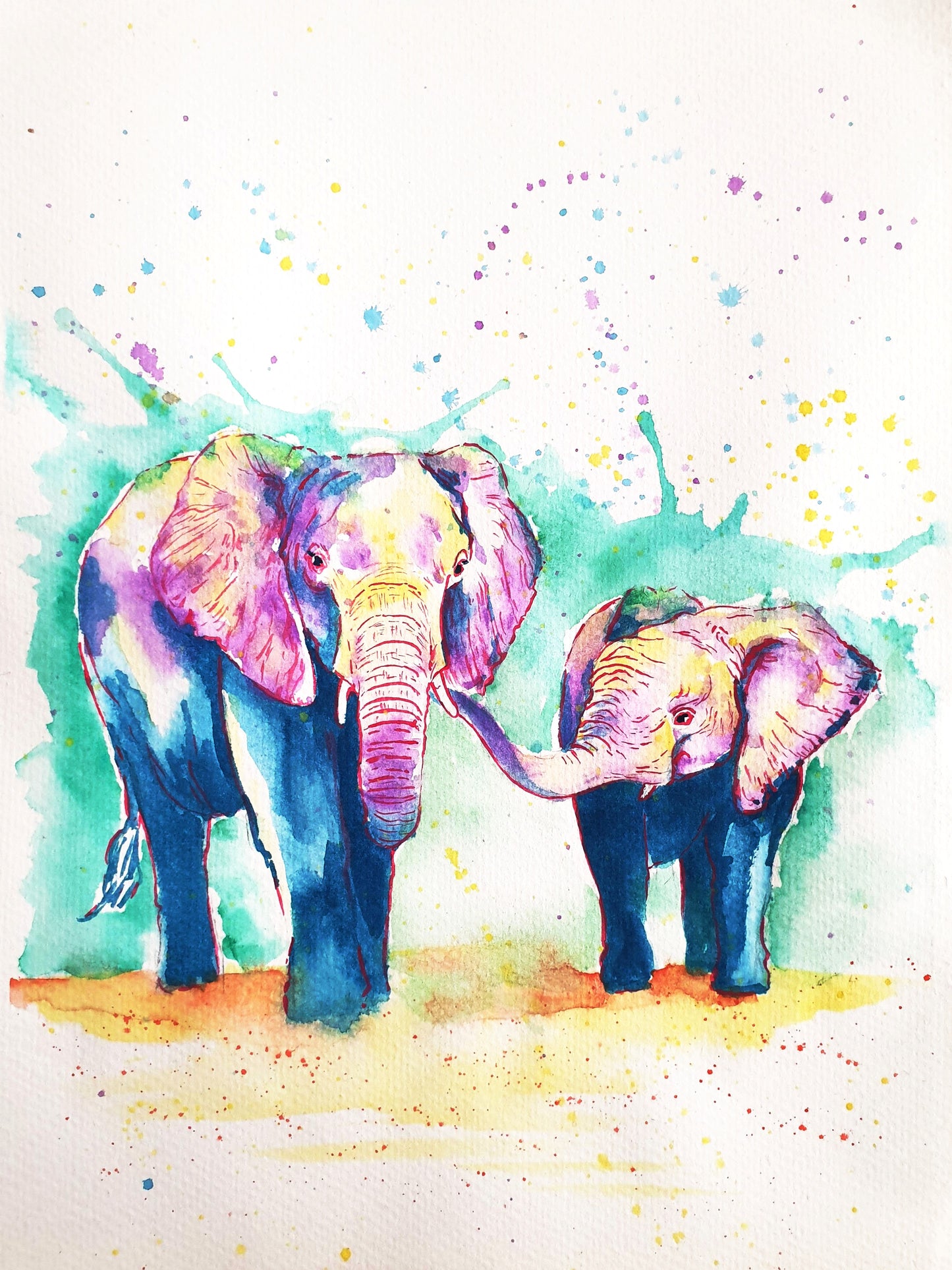 Watercolour A4 Print - Rainbow Elephants