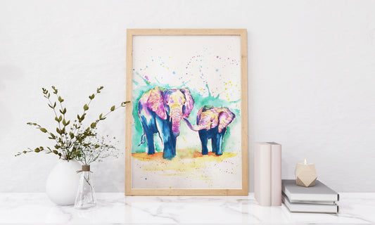 Watercolour A4 Print - Rainbow Elephants