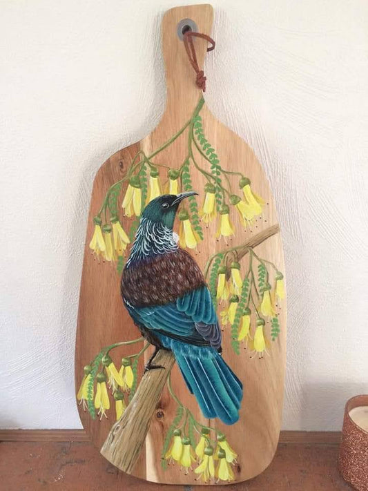 Tui and Kowhai - Acrylic on wooden board