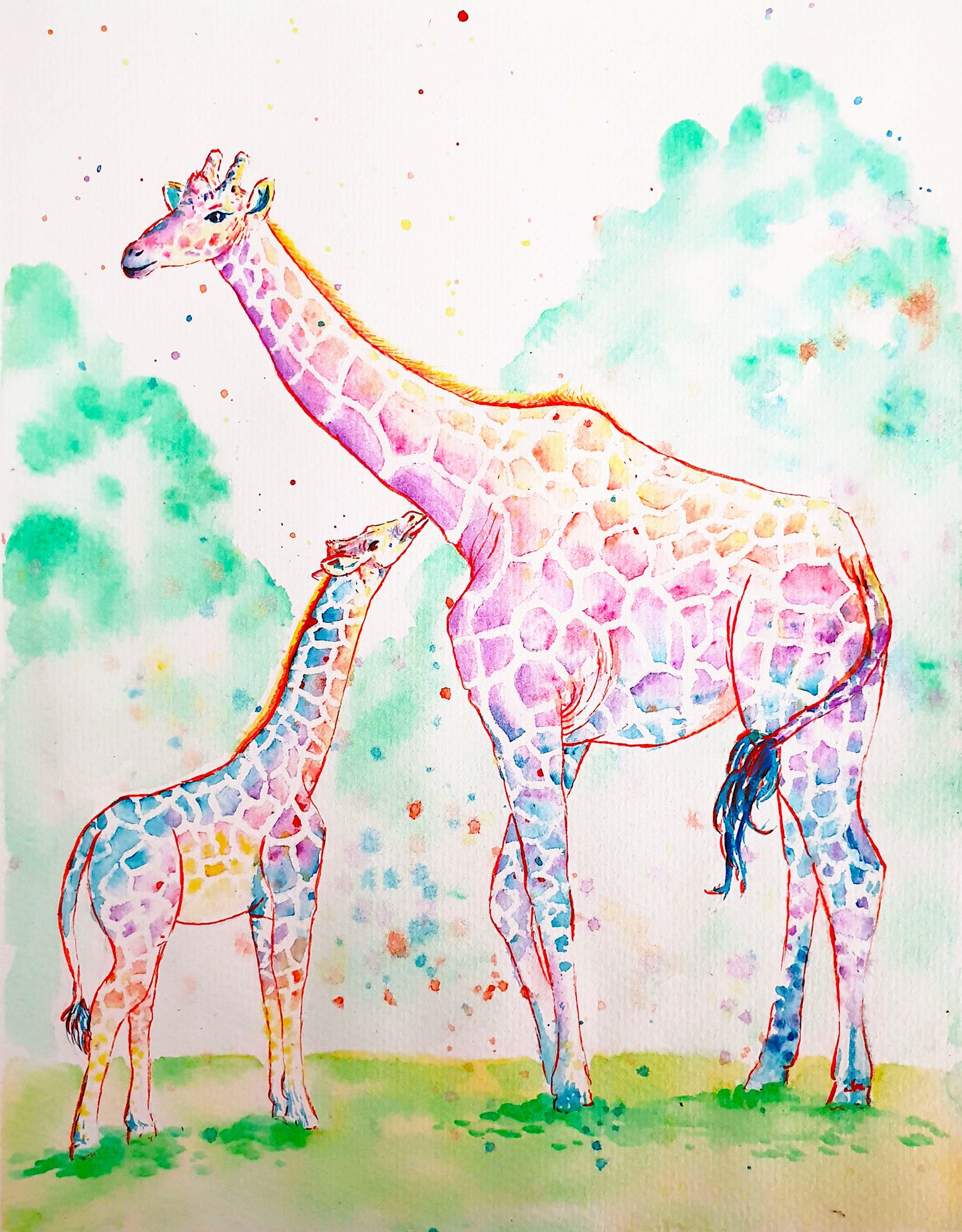 Watercolour A4 Print - Rainbow Giraffe and Calf