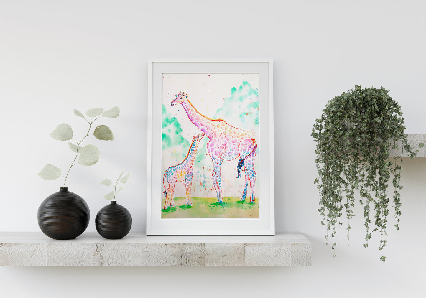 Watercolour A4 Print - Rainbow Giraffe and Calf