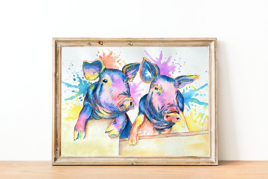 Watercolour A4 Print - Rainbow Pigs